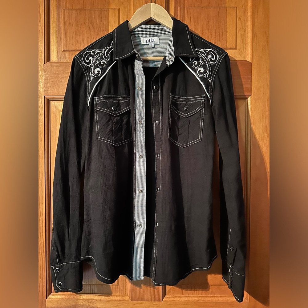 Black Western Pearl Snap Shirt with White Details